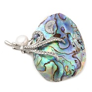 Oval Natural Paua Shell Brooches, with Brass Pin & Pearl, Platinum, 39x46x11mm(JEWB-E031-08P)