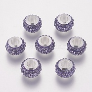 304 Stainless Steel European Beads, with Polymer Clay Rhinestone, Large Hole Beads, Rondelle, Tanzanite, 11x7.5mm, Hole: 5mm(CPDL-E045-A19)