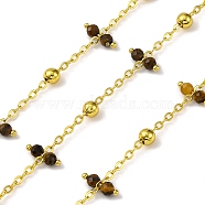 Handmade Faceted Natural Tiger Eye Beaded Chains, Soldered, with Spool, Long-Lasting Plated, Real 18K Gold Plated, Lead Free & Cadmium Free, Links: 9.5x2.5~3mm, Beads: 4mm(CHC-L050-02G-11)