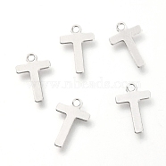 201 Stainless Steel Charms, Alphabet, Letter.T, 12x7.8x0.6mm, Hole: 1.4mm(X-STAS-C021-06P-T)