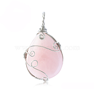 Natural Rose Quartz Big Pendants, Stainless Steel Wire Wrapped Teardrop Charms, Stainless Steel Color, 50x28mm(PW-WG20308-05)