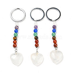 Natural Quartz Crystal Heart Pendant Keychain, with 7 Chakra Gemstone Beads and Platinum Tone Brass Findings, 10cm(G-Z033-05P-01)