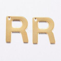 304 Stainless Steel Charms, Letter, Initial Charms, Real 18k Gold Plated, Letter.R, 11x6~12x0.8mm, Hole: 1mm(STAS-P141-R)