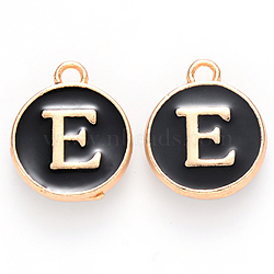 Golden Plated Alloy Charms, Cadmium Free & Lead Free, with Enamel, Enamelled Sequins, Flat Round with Letter, Black, Letter.E, 14x12x2mm, Hole: 1.5mm(ENAM-S118-02E)