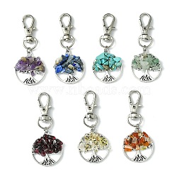 Flat Round with Tree of Life Tibetan Style Alloy Pendant Decorations, Chakra Synthetic & Natural Mixed Gemstone Beads and Swivel Lobster Claw Clasps Charm, 60mm, Flat Round: 29x25x5mm, 7pcs/set(HJEW-JM01743-02)