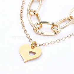 304 Stainless Steel Paperclip Chains Pendants Tiered Necklaces, Double Layered Necklaces, with Lobster Claw Clasps, Heart Pattern, 13.4 inch (34cm), Flat Round: 12.5x12.5x1mm(NJEW-JN02765-05)