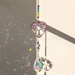 Natural Amethyst Tree of Life Suncatchers, Metal with Glass Beaded Hanging Pendant Decoration, 330mm(PW-WG72791-01)