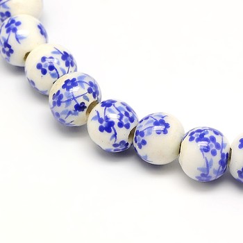 Handmade Flower Printed Porcelain Ceramic Beads Strands, Round, Royal Blue, 6mm, Hole: 2mm, about 60pcs/strand, 13 inch