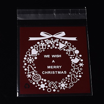 Rectangle OPP Cellophane Bags for Christmas, with Wreath Pattern, Dark Red, 14x9.9cm, Unilateral Thickness: 0.035mm, Inner Measure: 11x9.9cm, about 95~100pcs/bag