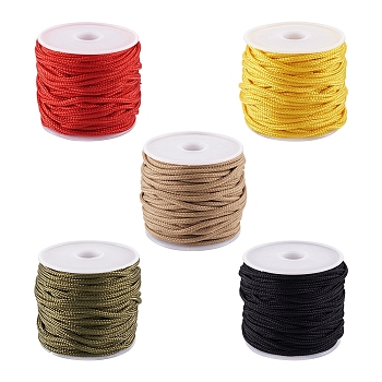 Jewelry 5 Rolls 5 Colors Braided Nylon Thread, Rattail Satin Cord, with 5Pcs Plastic Spools, Mixed Color, Thread: 2mm, about 10.94 Yards(10m)/roll, 1 roll/color; Spools: 37x44mm, Hole: 11mm, 5pcs