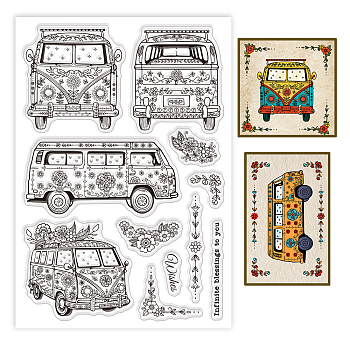 Custom Summer Theme PVC Plastic Clear Stamps, for DIY Scrapbooking, Photo Album Decorative, Cards Making, Bus, 160x110mm