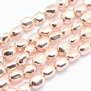 Electroplate Non-magnetic Synthetic Hematite Beads Strands, Grade AA, Long-Lasting Plated, Nuggets, Rose Gold Plated, 7x4~6.5mm, Hole: 1mm, about 57pcs/strand, 15.7 inch(40cm)