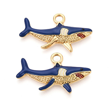 304 Stainless Steel Enamel Pendants, Shark Charms, Ion Plating(IP), Real 18K Gold Plated, Dark Blue, 32x18.5x3.5mm, Hole: 2.8mm