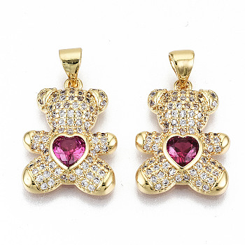 Brass Micro Pave Clear Cubic Zirconia Pendants, Nickel Free, Bear, Real 16K Gold Plated, 19.5x14.5x4mm, Hole: 3.5x5mm
