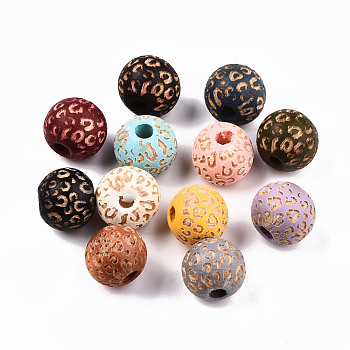 Painted Natural Wood Beads, Laser Engraved Pattern, Round with Leopard Print, Mixed Color, 10x8.5mm, Hole: 2.5mm