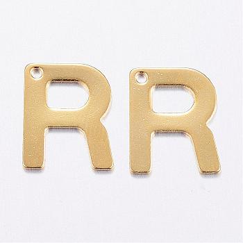 304 Stainless Steel Charms, Letter, Initial Charms, Real 18k Gold Plated, Letter.R, 11x6~12x0.8mm, Hole: 1mm