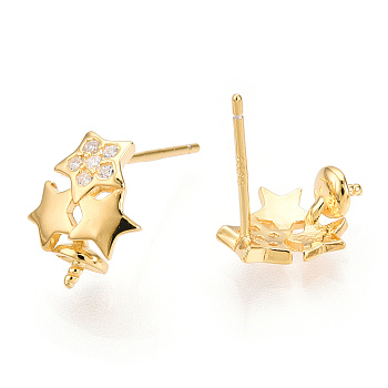 925 Sterling Silver Stud Earring Findings Micro Pave Cubic Zirconia, for Half Drilled Beads, with S925 Stamp, Star, Real 18K Gold Plated, 10.5x8.5x1mm, Pin: 0.7×11mm