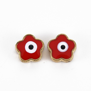 Rack Plating Alloy Enamel Beads, Cadmium Free & Lead Free, Flower with Evil Eye, Red, 8x8.5x3~4mm, Hole: 1.2mm