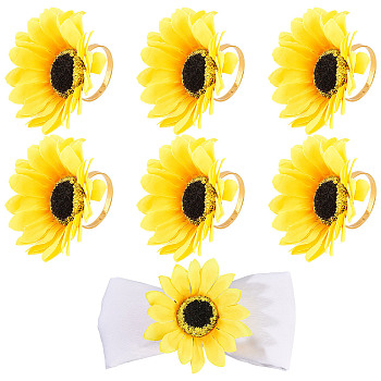 CRASPIRE 6Pcs Iron Napkin Rings, with Silk Artificial Sunflower, Gold, 80mm
