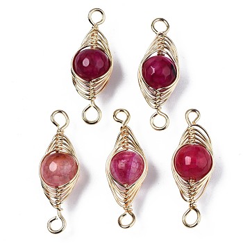 Natural Agate Link Connectors, with Golden Plated Brass Findings, Dyed, Round, Deep Pink, 27~36x11~12x10mm, Hole: 2.5~4mm