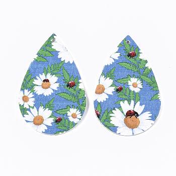 PU Leather Big Pendants, teardrop, with Flower Pattern, Dodger Blue, 55x35x2mm, Hole: 2mm