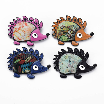 Alloy Enamel Brooches, with Stickers and Brass Pin, Electrophoresis Black, Hedgehog, Nickel Free & Lead Free, Mixed Color, 42x59.5x9mm, Pin: 0.8mm, Hole: 5x3mm