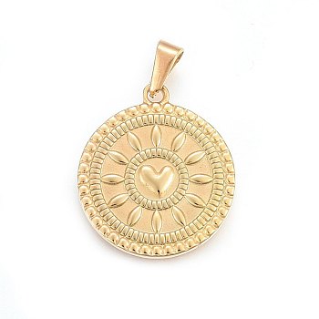 304 Stainless Steel Pendants, Flat Round with Heart, Golden, 28.5x25x2.5mm, Hole: 11x5mm