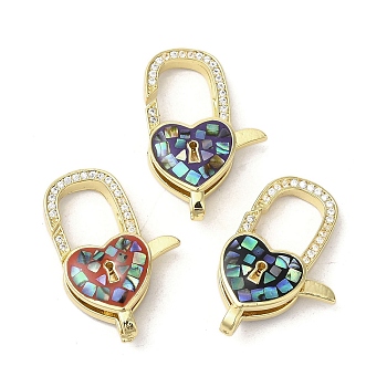 Brass Micro Pave Clear Cubic Zirconia Lobster Claw Clasps, with Enamel & Shell, Long-Lasting Plated, Lead Free & Cadmium Free, Real 18K Gold Plated, Heart, Mixed Color, 25.5x12x6mm, Hole: 1.5mm