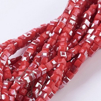 Electroplate Opaque Glass Beads Strands, Half Rainbow Plated, Faceted, Cube, Red, 2~2.5x2~2.5x2~2.5mm, Hole: 0.5mm, about 195~200pcs/strand, 16.9~17.5 inch(43~44.5cm)