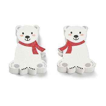 Christmas Printed Schima Wood Beads, Polar Bear, White, 21x17x8mm, Hole: 3.5mm