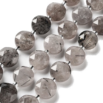 Natural Black Rutilated Quartz Beads Strands, with Seed Beads, Faceted Hexagonal Cut, Flat Round, 12~12.5x5~6mm, Hole: 1.2~1.4mm, about 27~29pcs/strand, 15.55~15.75 inck(39.5~40cm)