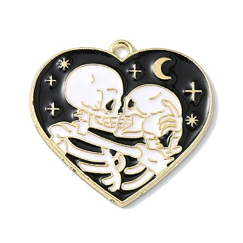 Halloween Alloy Enamel Pendants, Golden, Heart with Skeleton Couple Charm, Black, 27x28x1.5mm, Hole: 2mm