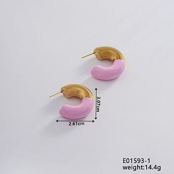 Vintage Retro Stainless Steel C-Shaped Stud Earrings for Women, Elegant and Stylish, Golden, Purple, 30.7x26.1mm