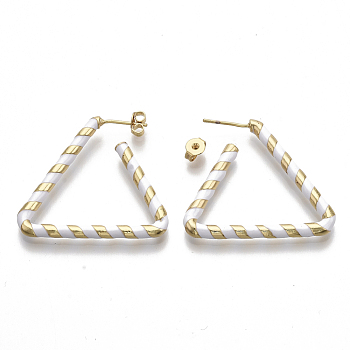 Brass Stud Earrings, with Enamel and Earring Backs, Triangle, Real 18K Gold Plated, White, 35x31x3mm, Pin: 0.7mm