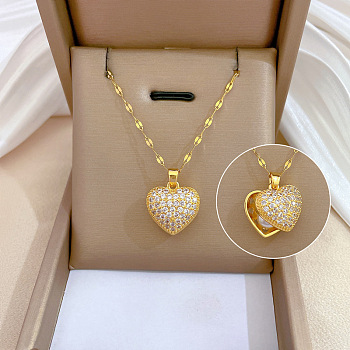 Brass with Rhinestone Heart Locket Necklaces with Plastic Pearl Inside, with 201 Stainless Steel Dapped Chains, Golden, 18.35 inch(46.6cm)