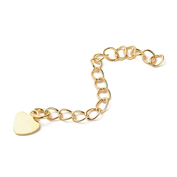 Rack Plating Brass Curb Chain Extender, End Chains with Heart Drop, Real 18K Gold Plated, 59mm