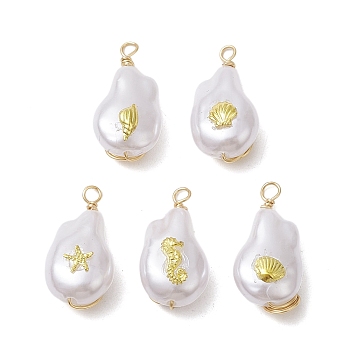 ABS Plastic Imitation Pearl Pendants, with Alloy Cabochons and Eco-Friendly Copper Wire, Mixed Shapes, 21~21.5x10.5~11x8~8.5mm, Hole: 1.5~2mm, about 5Pcs/Set