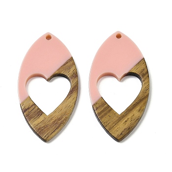 Resin and Walnut Pendants, Horse Eyes with Heart, for Valentine's Day Gift, Pink, 47x24.5x3.5mm, Hole: 2mm