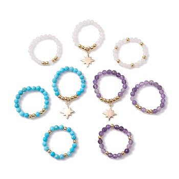 3Pcs 3 Styles Natural Mixed Gemstone Beaded Stretch Rings Set, Stackable Rings with Brass Star Charms, Inner Diameter: 21~22mm, 1Pc/style