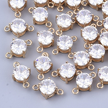 Transparent Glass Links connectors, with Brass Findings, Faceted, Flat Round, Light Gold, Clear, 12x7.5x5mm, Hole: 1.2mm
