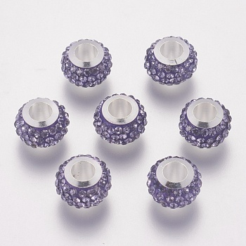 304 Stainless Steel European Beads, with Polymer Clay Rhinestone, Large Hole Beads, Rondelle, Tanzanite, 11x7.5mm, Hole: 5mm