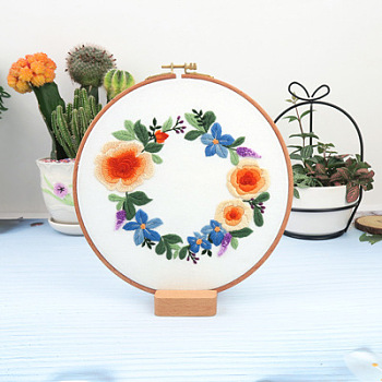 Flower Pattern DIY Embroidery Kit, including Embroidery Needles & Thread, Cotton Linen Cloth, Tomato, 290x290mm