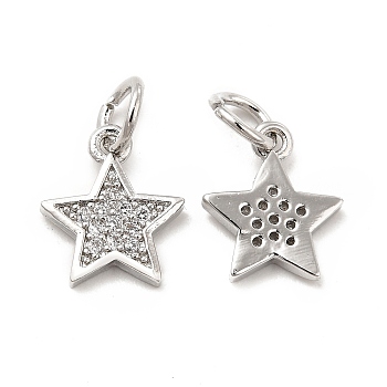 Brass Micro Pave Cubic Zirconia Charms, with Jump Ring, Star Charm, Platinum, 10x8.5x1.4mm, Hole: 2.5mm