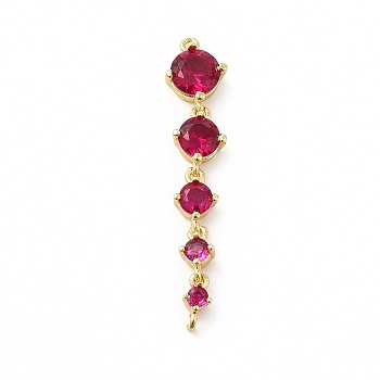 Rack Plating Brass Pave Cubic Zirconia Connector Charms, Cadmium Free & Lead Free, Five Flat Round Links, Real 18K Gold Plated, Deep Pink, 36x7.5x3.5mm, Hole: 0.6mm