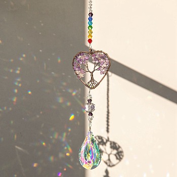 Natural Amethyst Tree of Life Suncatchers, Metal with Glass Beaded Hanging Pendant Decoration, 330mm