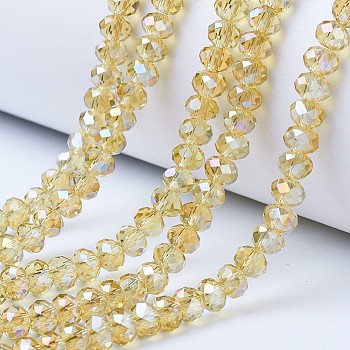 Electroplate Glass Beads Strands, AB Color Plated, Faceted, Rondelle, Light Khaki, 8x6mm, Hole: 1mm, about 63~65pcs/strand, 39~40cm