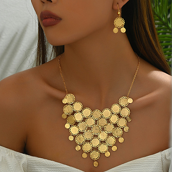 Elegant Vintage Brass Coin Necklace & Earring Set for Women, Real 18K Gold Plated