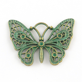 Butterfly Zinc Alloy Pendants, Cadmium Free & Nickel Free & Lead Free, Antique Bronze & Green Patina, 36x48x3mm, Hole: 8mm