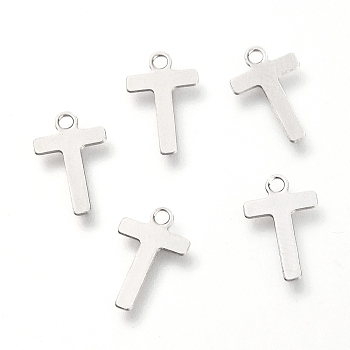 201 Stainless Steel Charms, Alphabet, Letter.T, 12x7.8x0.6mm, Hole: 1.4mm