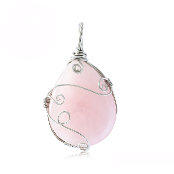 Natural Rose Quartz Big Pendants, Stainless Steel Wire Wrapped Teardrop Charms, Stainless Steel Color, 50x28mm